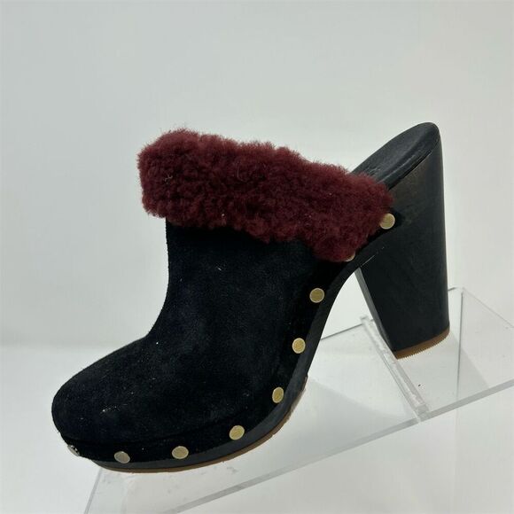 UGG Adele Women's Studded Suede Clog Heels Black with Red Fur Size 5 EU 36 - Picture 3 of 13